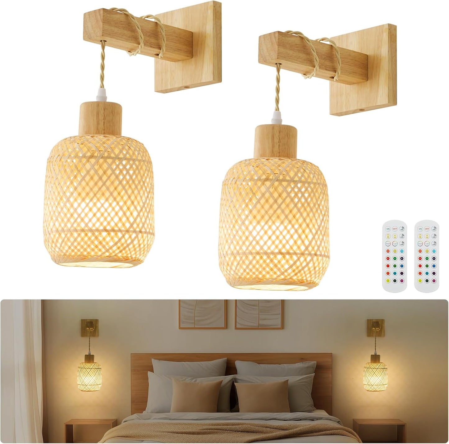 Battery Operated Wall Sconces Set of Two, Bamboo Lantern Rechargeable Wall Sconce with Remote, 15 Colors Dimmable Boho Wireless Wall Lights for Bedroom, Living Room, Wall Decor