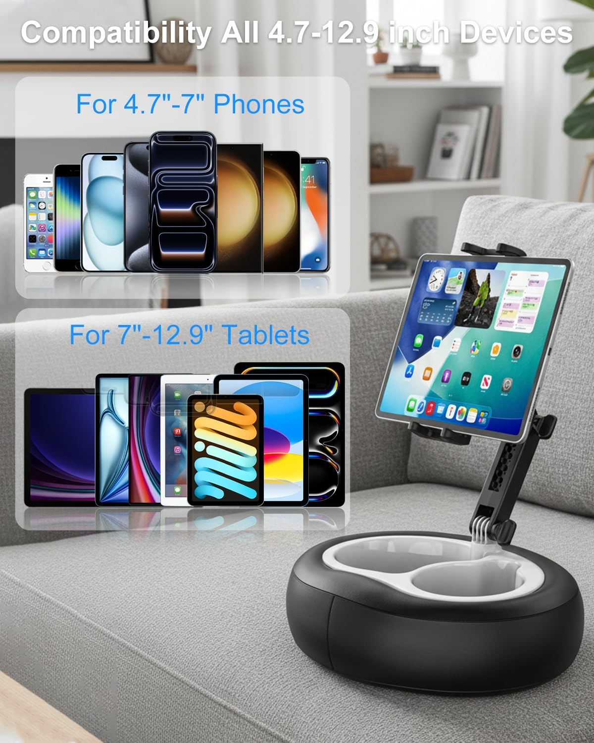 Koalsels Tablet Pillow Stand for Sofa, Bed, Lap, Couches, Kindle Pillow Stand with Detachable Base Snack Bowl, Compatible with Kindle, iPad mini, Air, Pro, Galaxy Tab, 4-12.9” Tablets