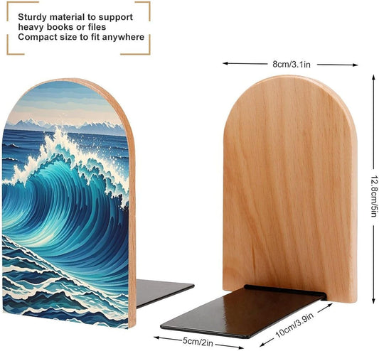 Blue Wave Art Bookends 1 Pair Heavy Duty Book Ends for Shelves Non-Skid Bookend Supports Wooden Book Holders with Metal Base Desk Organizers Books Storage to Hold Books
