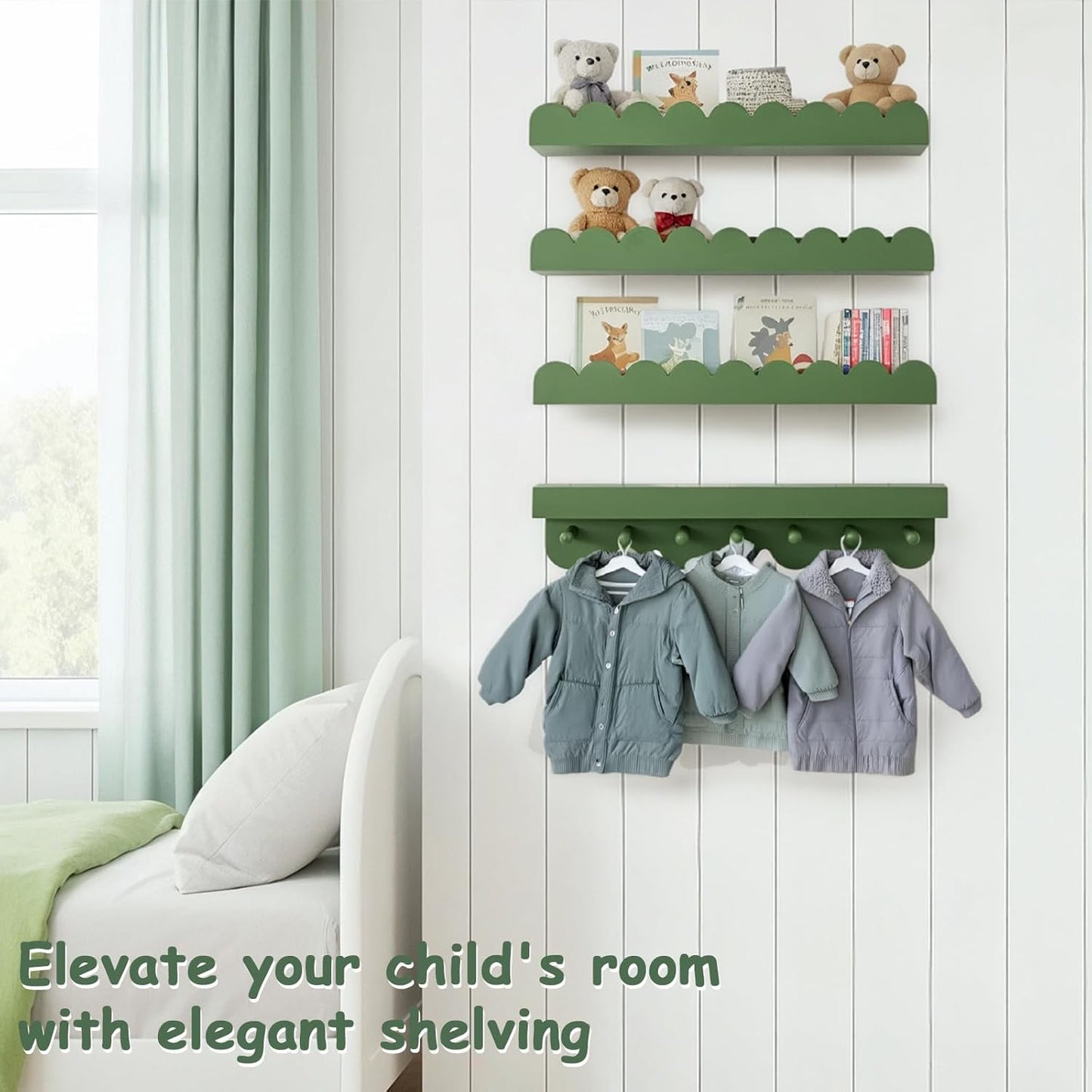 OurWarm Floating Book Shelves for Wall, 16 Inch Nursery Book Shelves Wall Shelves for Kids Room Set of 4, Wood Scalloped Bookshelf for Nursery Kids Bedroom Restroom Kitchen Living Room Decor
