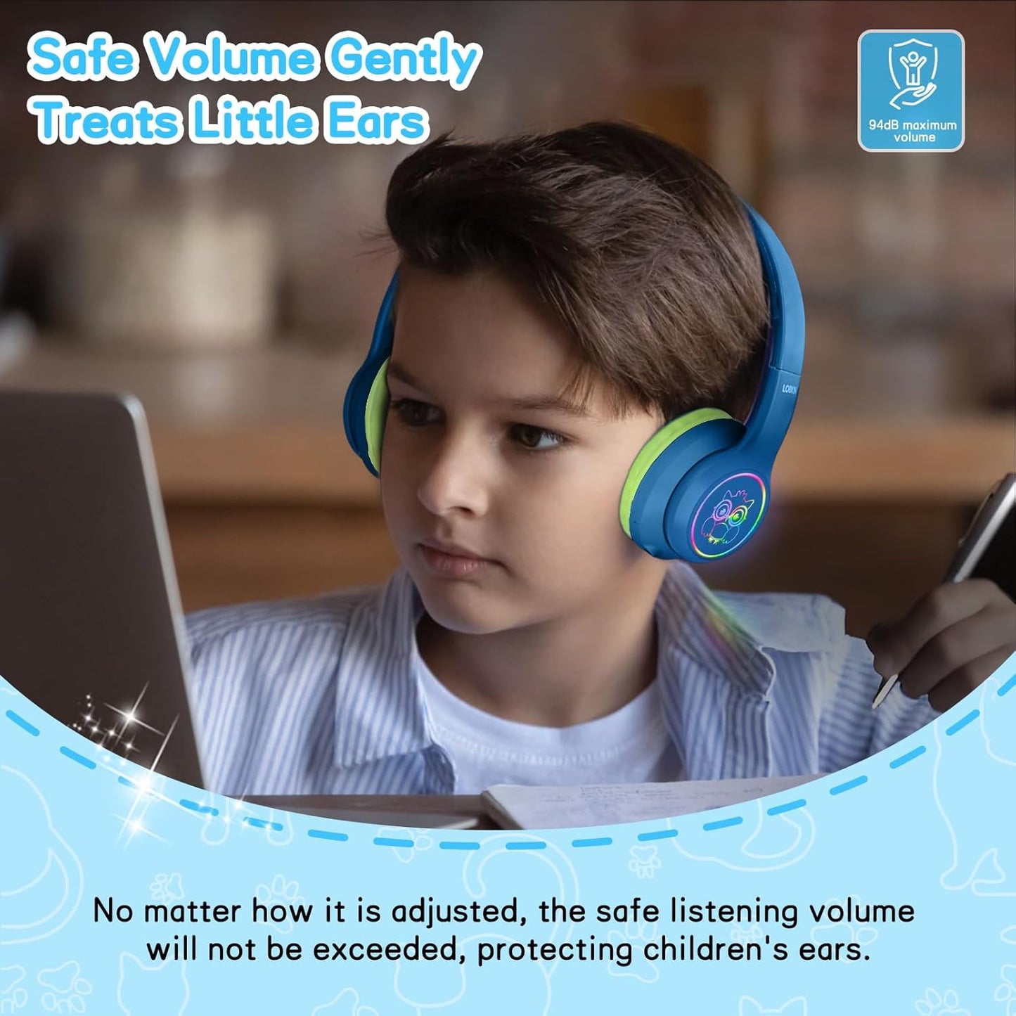 LOBKIN Active Noise Cancelling Headphones for Kids with Case - RGB LED Light Up Foldable Adjustable Over Ear Headphone Support Wireless or 3.5mm Wired Mode for Toddler & Girls & Boys Teens