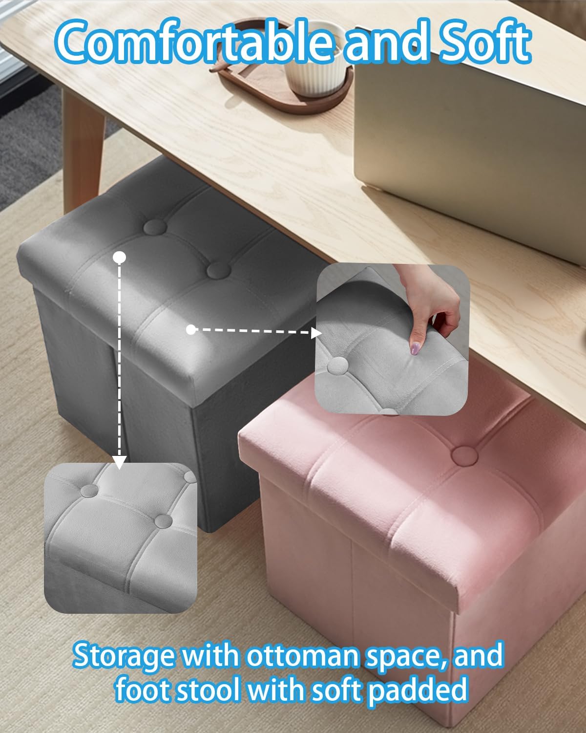 Storage Ottoman Foot Stool, 17 inches Folding Ottoman with Storages, Velvet Storage Bench with Side Pocket, Foot Rest for Living Room, Bedroom (Grey)