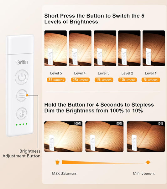 Gritin Book Light Rechargeable, Eye Caring 3-Color & 5-Brightness Clip on LED Reading Light for Books in Bed- Stepless Dimming, Long Lasting, Compact Size Flexible Book Lamp for Bookworms