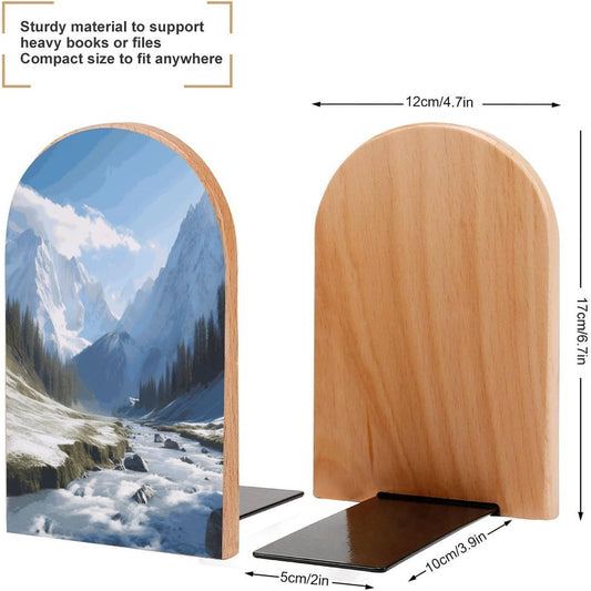 Snowy Mountains Bookend for Shelves Wooden Book End Large Size Sturdy Book Holders Stoppers with Metal Base for Bookshelves Slick Decorative Bookends Stands