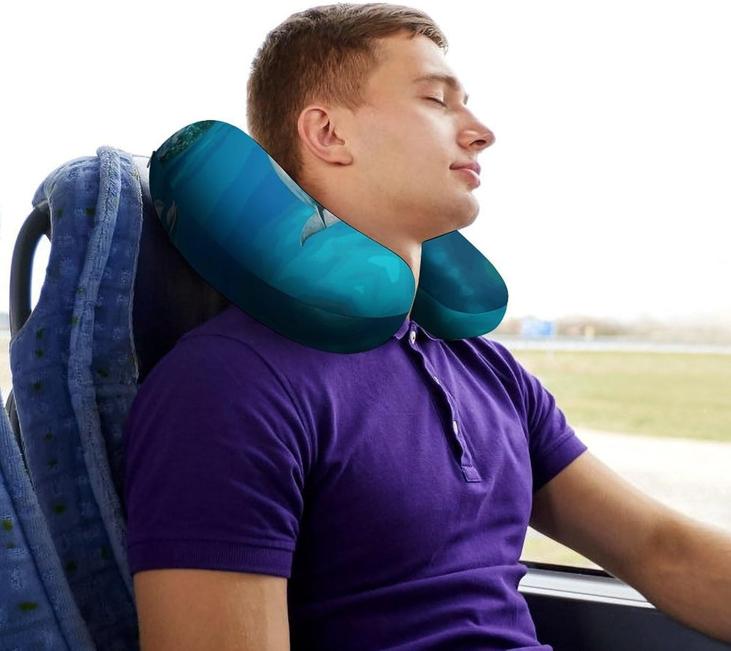 Swimming Dolphin in Blue Sea Neck Pillow Memory Foam U Shaped Pillows Portable Pillows for Shoulder Travel Head Support Pillow with Concealed Zipper for Airplane Car Home Office