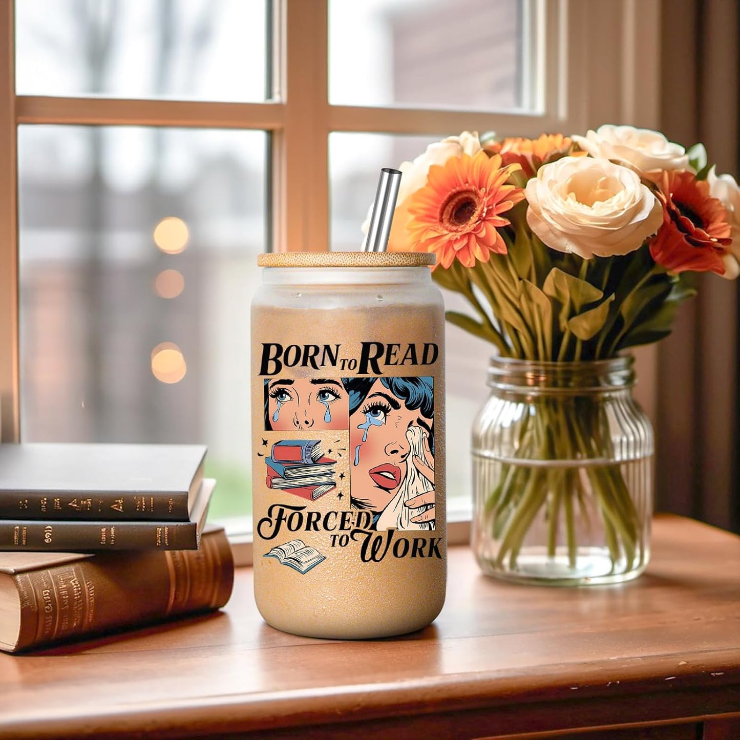 LEADO 16 oz Born to Read Glass Cup - Gifts for Book Lovers Women, Romance Readers - Birthday, Mothers Day, Book Lover Gifts for Women Unique - Reading Accessories, Bookish Ice Coffee Cup for Bookworm