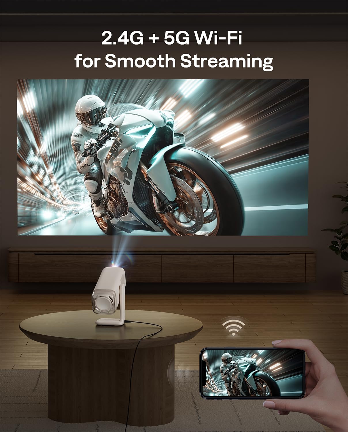 Aurzen BOOM Air Google TV Portable Projector with WiFi and Bluetooth, USB-C Powered, Smart Projector for Outdoor & Home Movie, 4K Supported, Real-Time Focus, Dolby Audio, Adjustable Stand, Off-White
