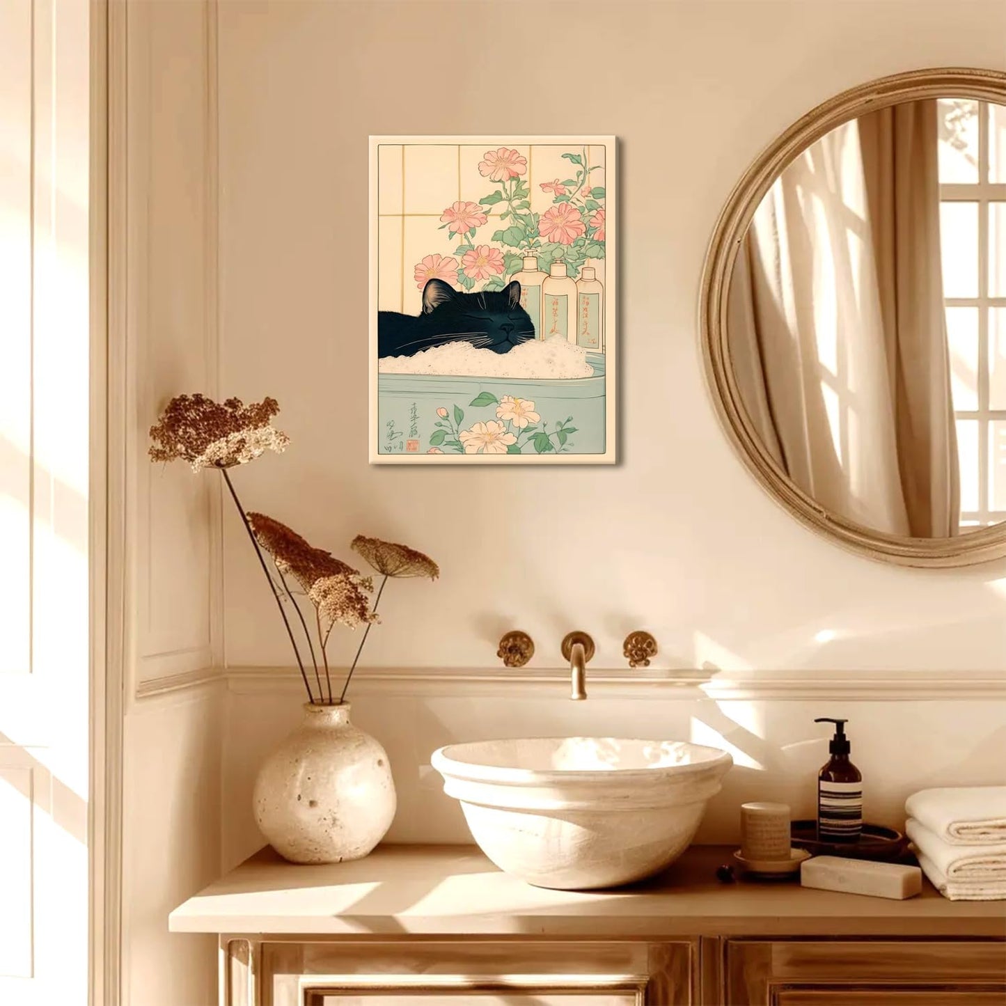 Funny Bathroom Wall Art Set of 3, Japanese Cute Black Cat Wall Decor Paintings, Rustic Animal Pictures Canvas Prints Home Decor for Bathroom Toilet, 12x16 inch Framed