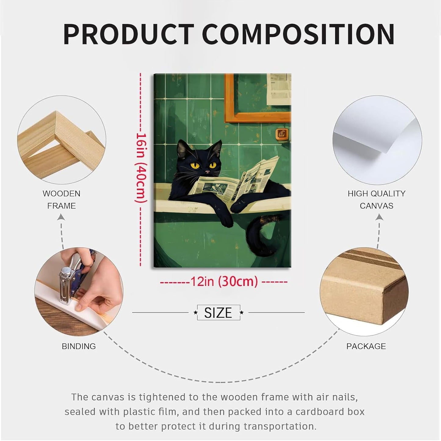 BOKPEN Black Cat Bathroom Canvas Wall Art,Cute Cat Reading Newspaper Funny Bathroom Poster Prints,Green Toilet Art Vintage Painting Artwork for Washroom Aesthetics Whimsical Quirky Room Decor 16x24in
