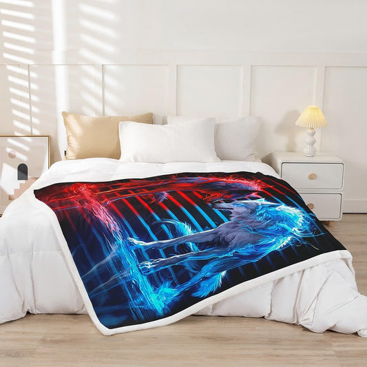 Feelyou Wolf Fleece Throw Blanket Adult Red Blue Wolf Blanket for Kids Boys Mighty Animal Plush Blanket Red Blue Stirpe Fuzzy Blanket for Sofa Bed Couch,Twin 60x80 Inches