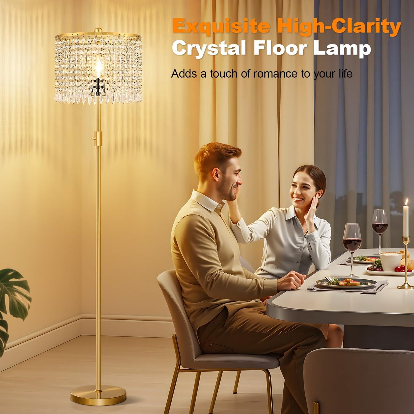 【Upgraded】 Dimmable Crystal Floor Lamps for Living Room, 1000LM LED Bulb Included, Standing Lamp with Knob Switch, Tall Gold Pole Light for Bedroom Nursery Office Corner Reading