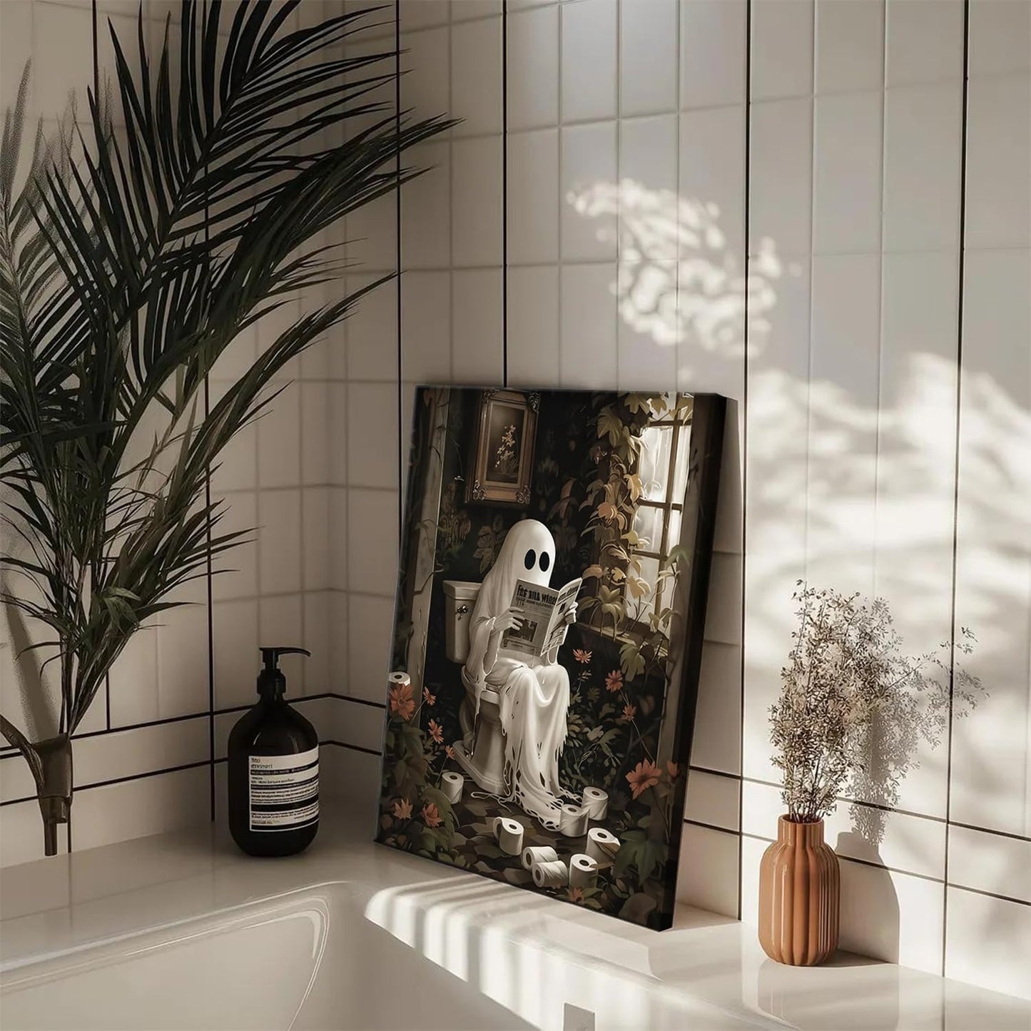 Halloween Ghost Bathroom Wall Art Set of 2, Funny Gothic Wall Decor Ghost and Black Cat in Bathroom Poster Canvas Prints Artwork Dark Academia Pictures for Bedroom Living Room 12x16 inch Framed