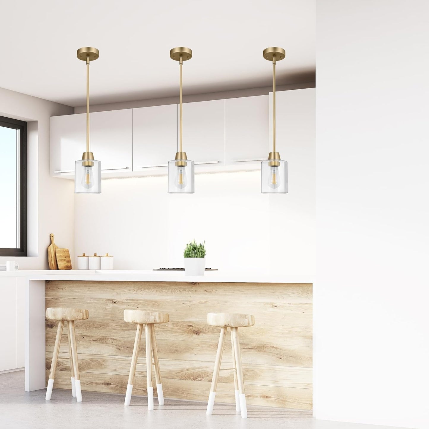 3 Pack 1 Light Brass Pendant Lights Kitchen Island, Gold Modern Chandelier Clear Glass Shade, Adjustable Multiple Stems Rods Hanging Farmhouse E26 Socket Light for Dining Room Bedroom Bar