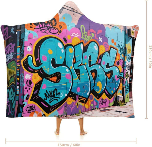 Street Graffiti Wearable Hoodie Blanket for Women Men Fleece Blanket with Hood Oversized Warm Cozy Gifts