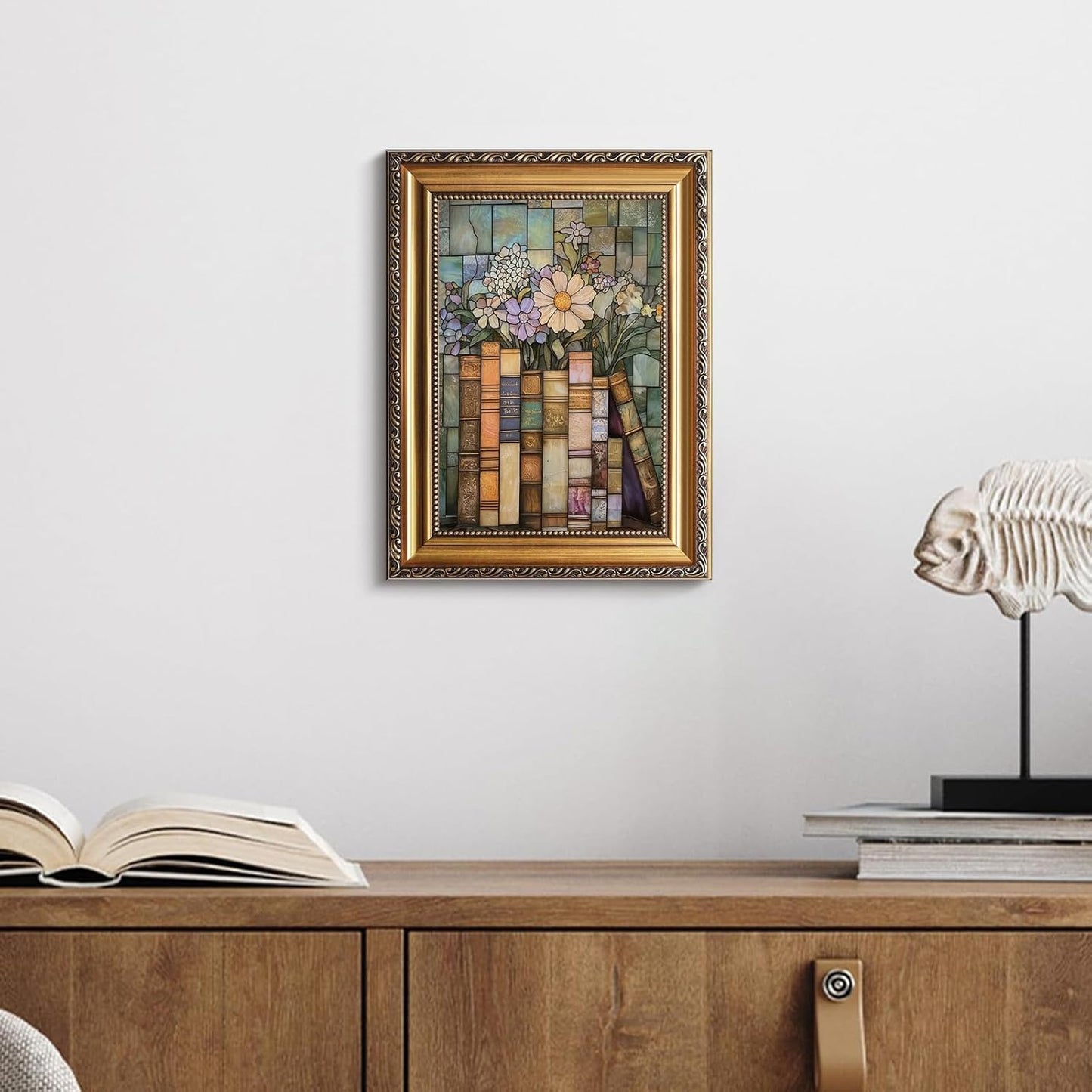 KBKBART Vintage Gold Framed Book Wildflower Wall Art Moody Stained Glass Book Lover Wall Decor Painting Poster Canvas Prints for Bedroom Living Room Office 9x12 inch