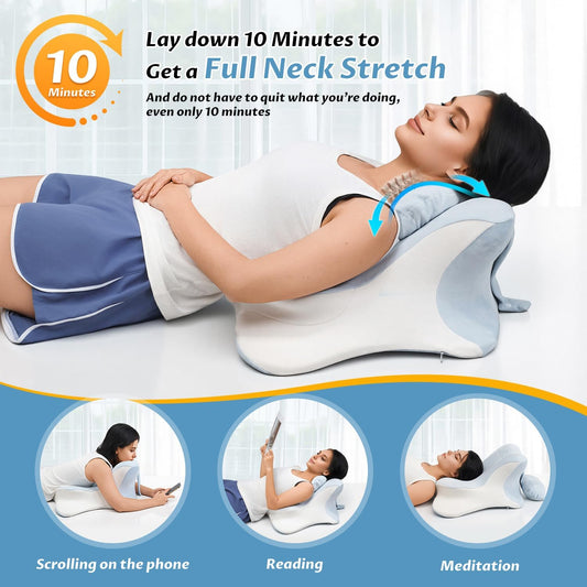 Upgraded Reading Pillow for Bed, Lying, Stretching for Spine Alignment w Extra Neck Pillow- Cushiony Ergonomic Bed Wedge Cervical Traction Device for Neck&Shoulder Relax-Blue