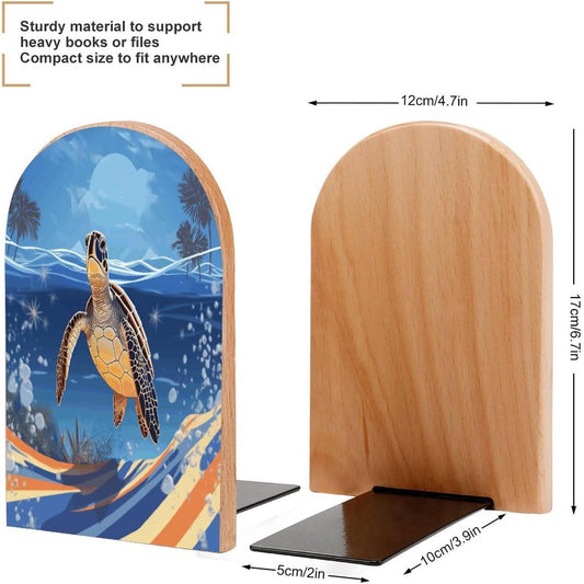 Ocean Turtle on The Beach Bookend for Shelves Wooden Book End Large Size Sturdy Book Holders Stoppers with Metal Base for Bookshelves Slick Decorative Bookends Stands