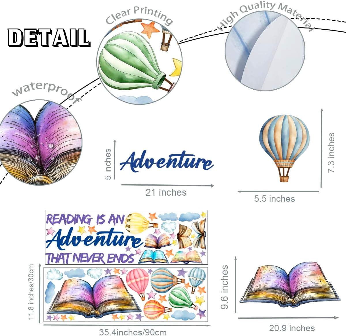 OLMIXA Reading Book with Hot Air Balloon Wall Decals, Reading is an Adventure That Never Ends Positive Quote Stickers, Vinyl Educatinal Read Book Wall Art for Library Classroom Playroom Decor