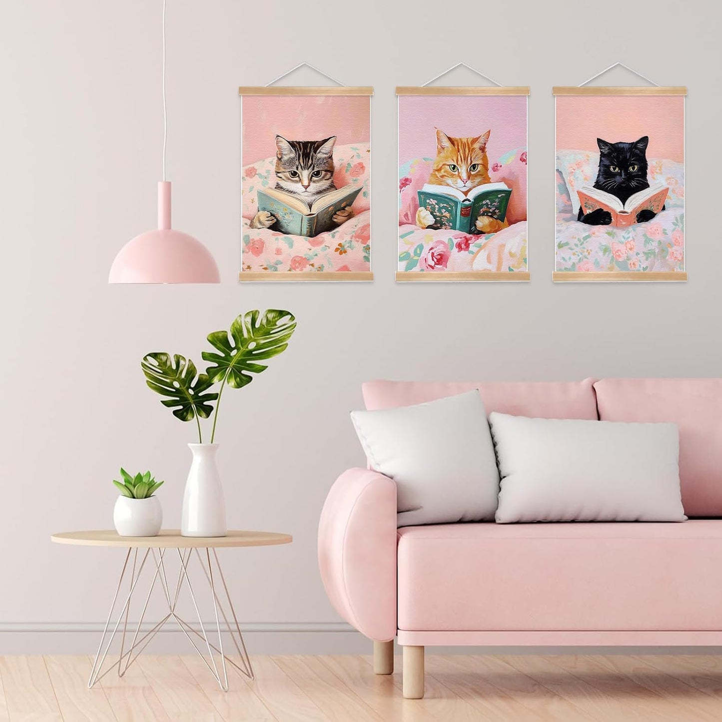Funny Cat Canvas Wall Art Set of 3, Pink Cute Cat Lovers Wall Decor Paintings,Vintage Cats Posters Prints Pictures For Nursery Girls Room Bedroom Kids Room Girls Study Room 12x16 Inch Framed