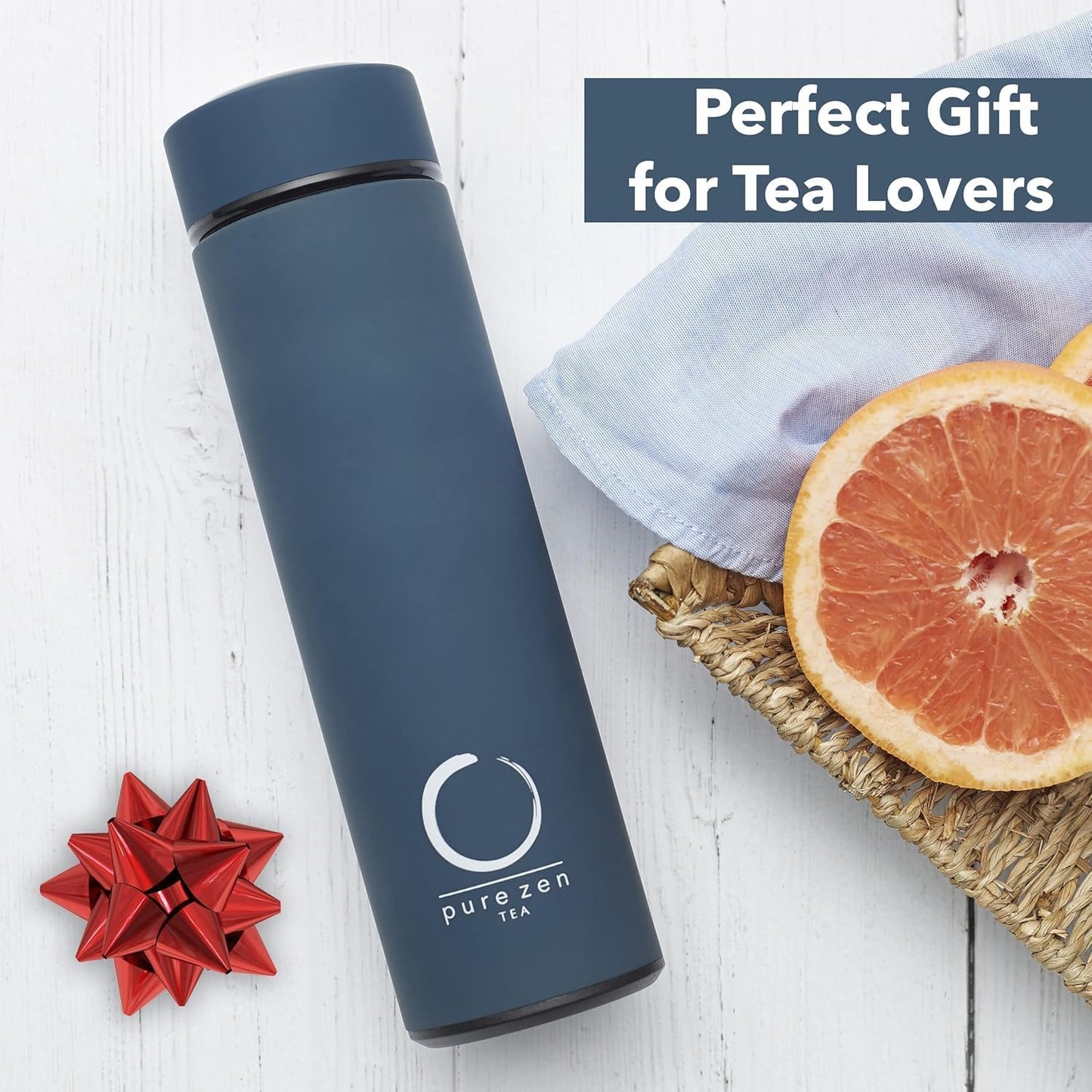 Pure Zen Tea Thermos with Infuser for Hot and Cold Infusions - Stainless Steel - Tea Infuser Bottle - Leakproof Travel Mug with Filter - 15oz - Blue