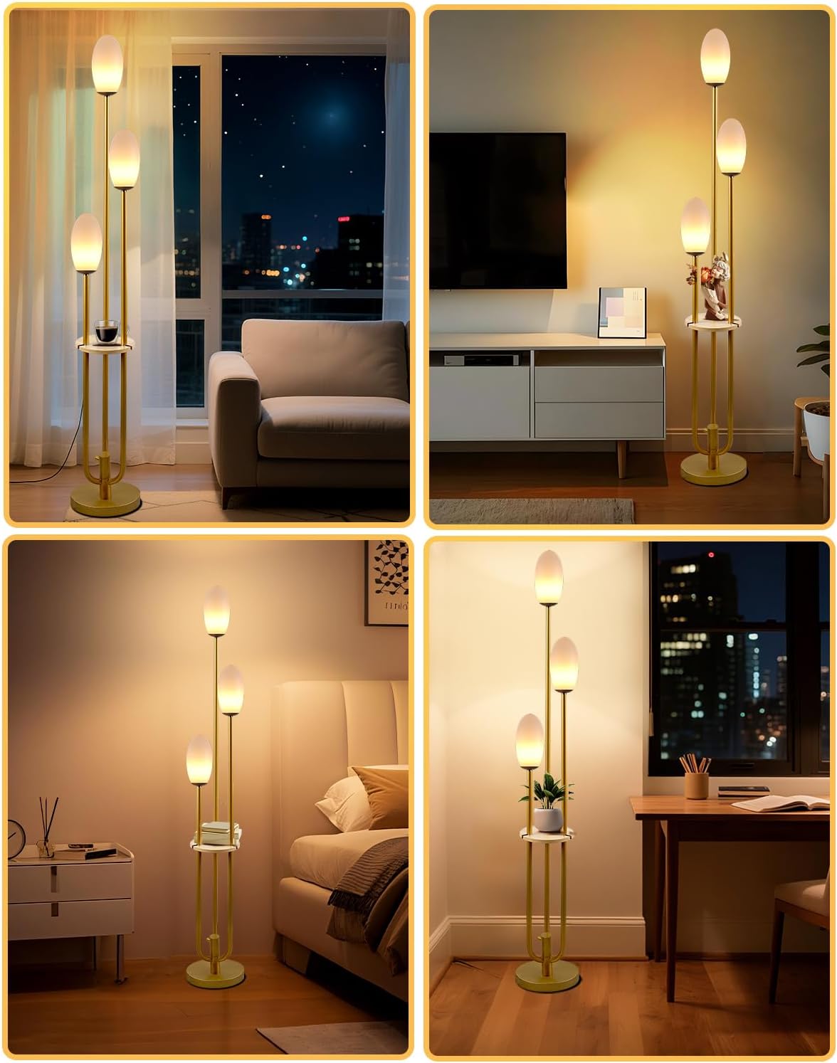 Gold Dimmable Floor Lamp with Table, Unique Candle Holder Style Tall Standing Lamps with 3000K G9 Bulbs for Reading, Mid Century Modern Floor Lamp for Living Room Bedroom Office