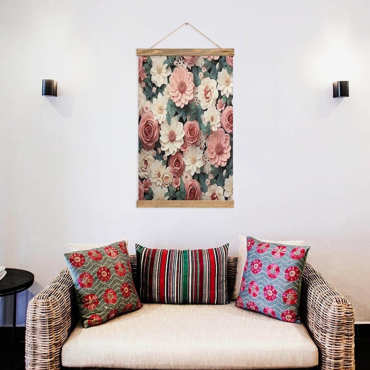 Vintage Flowers with Pink And Green Leaves Poster with Wooden Frame Personalized Linen Hanging Scroll Painting Rustic Wall Hanging Illustrative Modern Artwork Decor for Home Living Room Bedroom Office