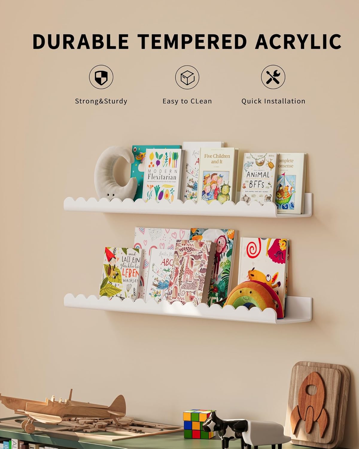G&W Gruwald 4 Pack White 23 Inches Acrylic Book Shelf for Kids Room, Floating Kids Book Shelves for Wall, Nursery Book Shelves, Magazine Rack, Picture Ledge (White, 23)