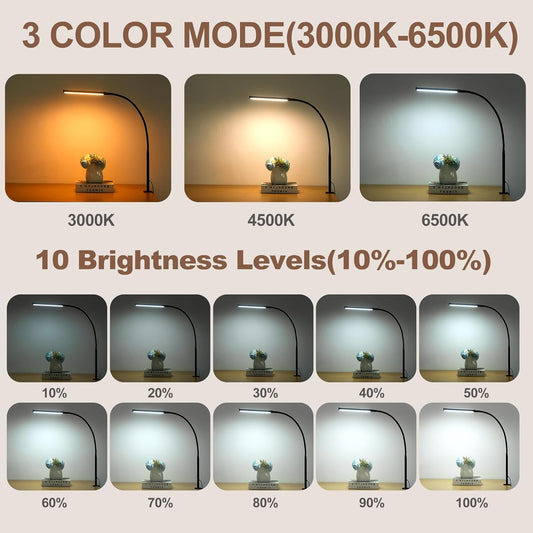 Led Desk Lamp for Home Office, Eye-Caring Desk Light with Clamp, Clip on Light for Reading, 3 Modes 10 Brightness, Flexible Goose-Neck, Memory Function, Study, Work, Draw, Black
