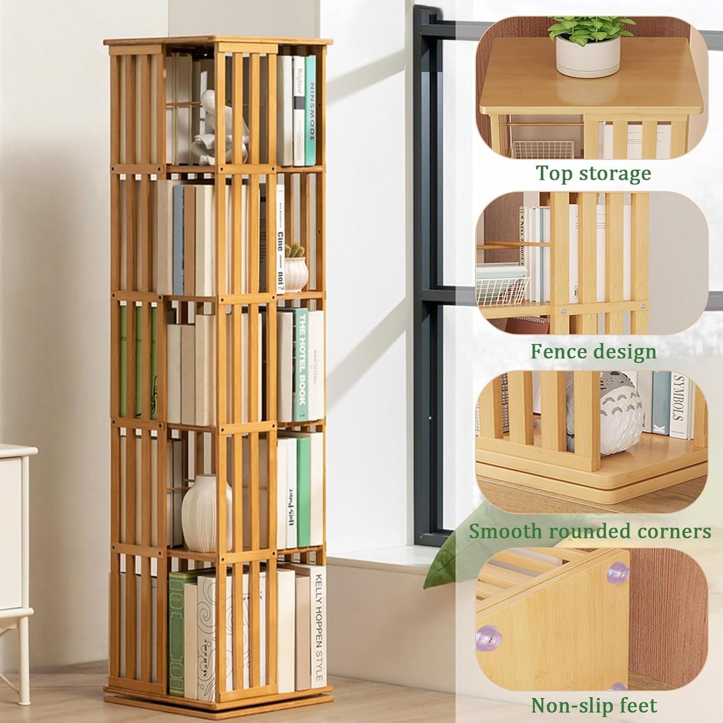 YVYKFZD Rotating Bookshelf, Bamboo Revolving Bookcase, Narrow 360° Display Storage Rack, Floor Standing Corner Book Shelf Organizer, for Small Space, Bedroom, Study Room(Brown,6 Tier 14.5x14.5x70in)