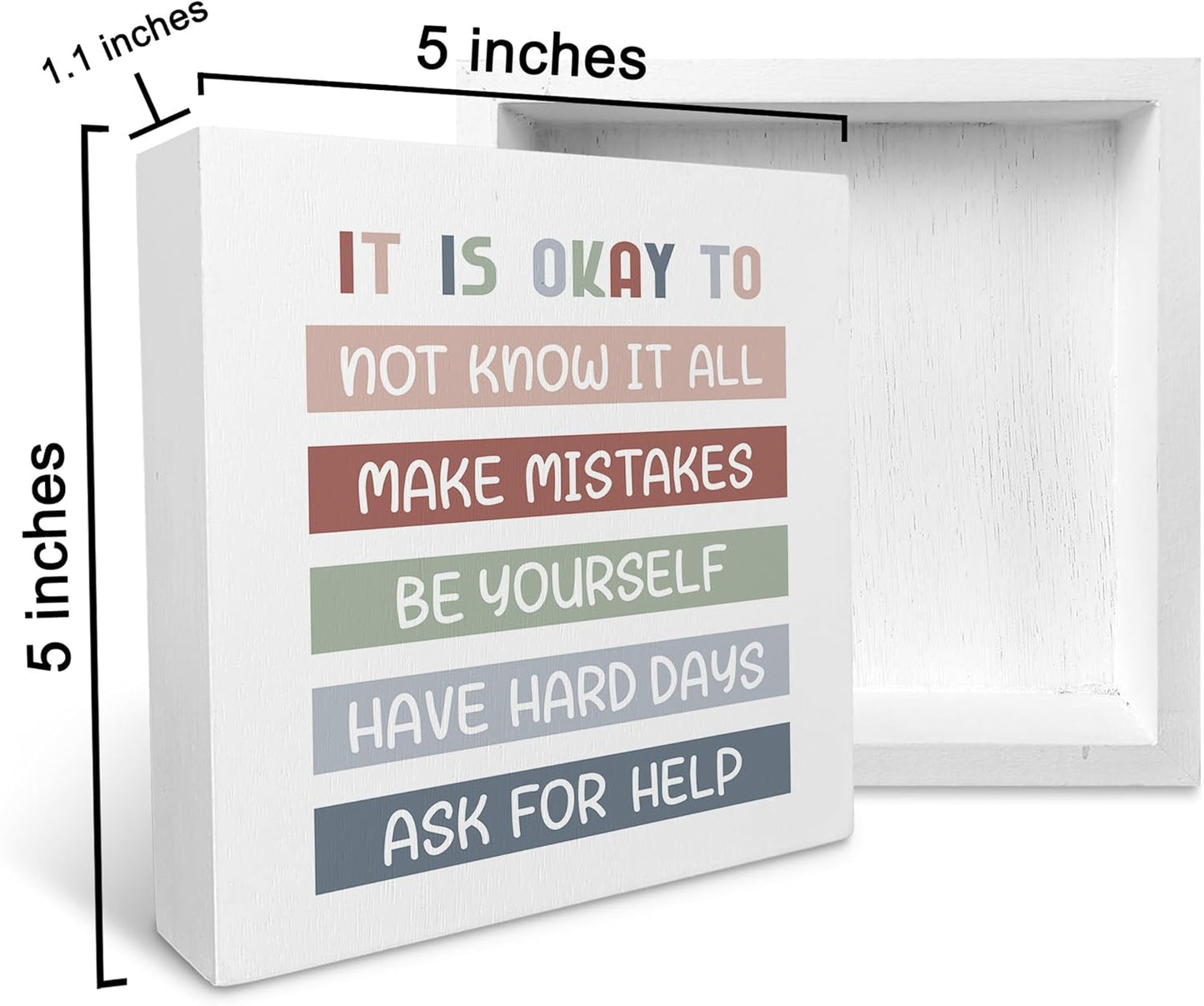 KU-DaYi It is Okay to Mental Health Wooden Box Sign, Teacher Desk Decor, Inspirational Boho Office Classroom School Therapy Reading Corner Wall Shelf Table Wooden Block Plaque Desk Decor 5x5 Inch