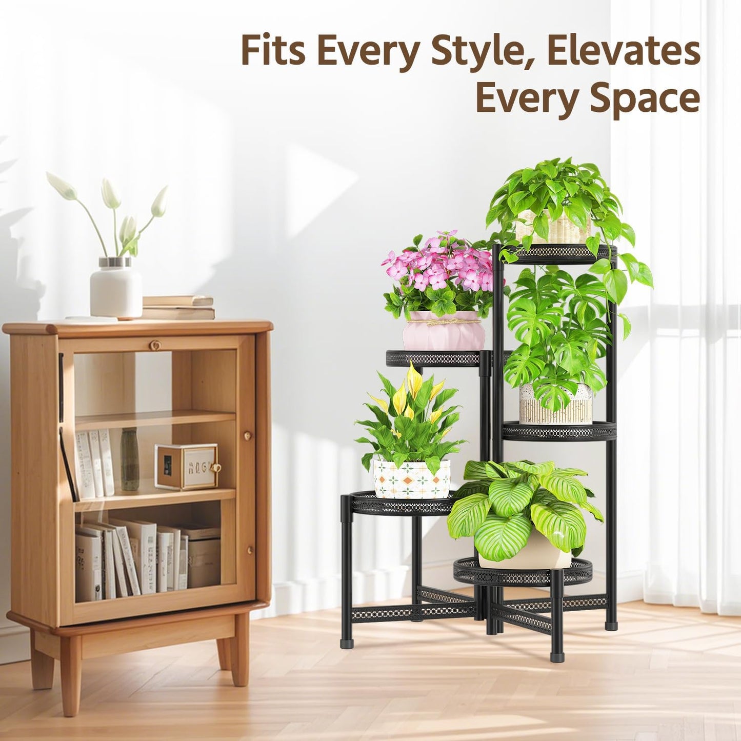 LASZOLA 5 Tiered Folding Tall Plant Stand for Indoor Outdoor Corner, Larger Heavy Duty Metal Adjustable Multiple Rack with 10 Inch Wide Hollow Tray, Flower Planter Holder for Modern House Patio, Black