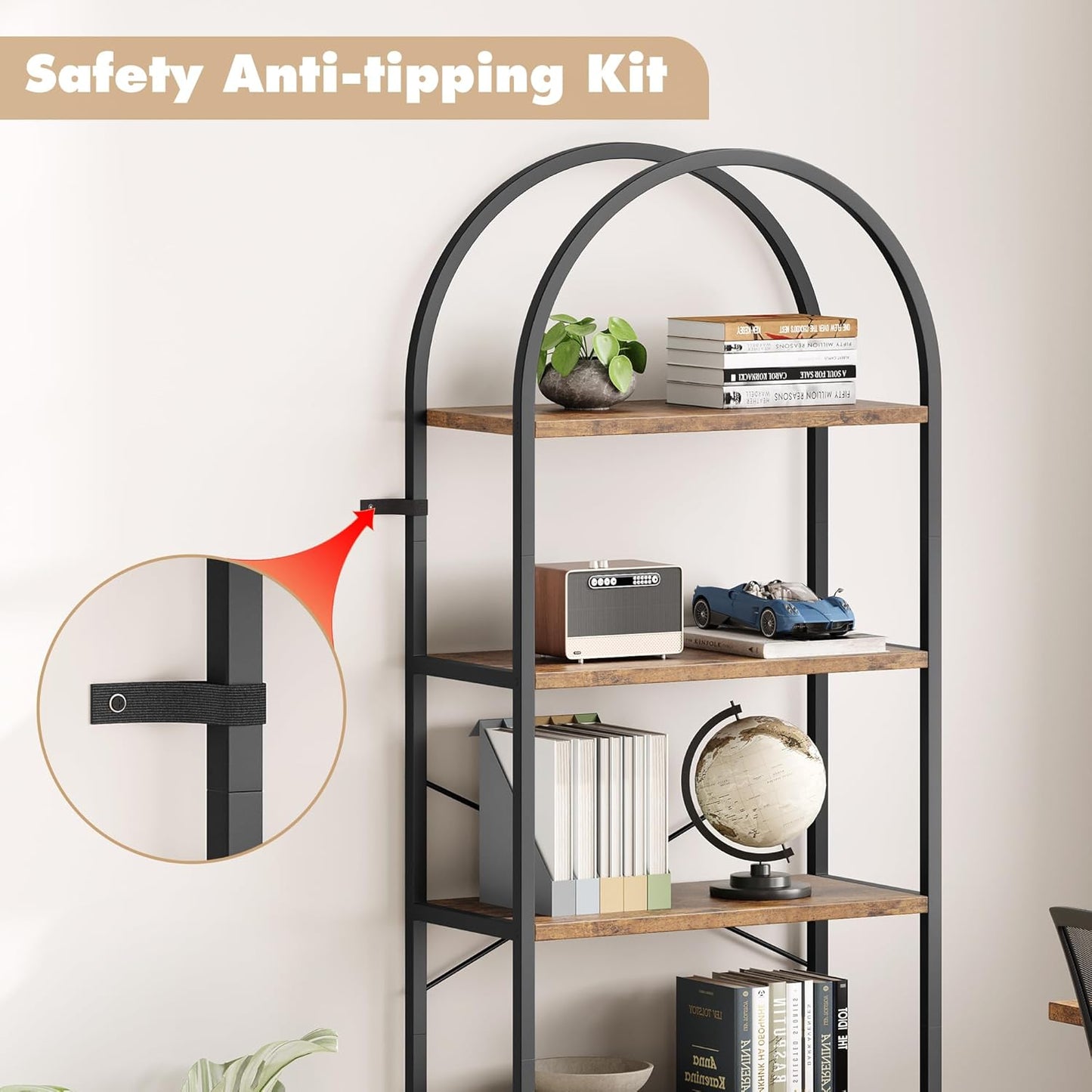 CABIHOME Bookshelf Tall Bookcase Arched Standing Bookshelves Modern Display Racks 5 Tier Storage Rack Shelf Large Wood Book Shelf for Bedroom, Living Room, Home Office