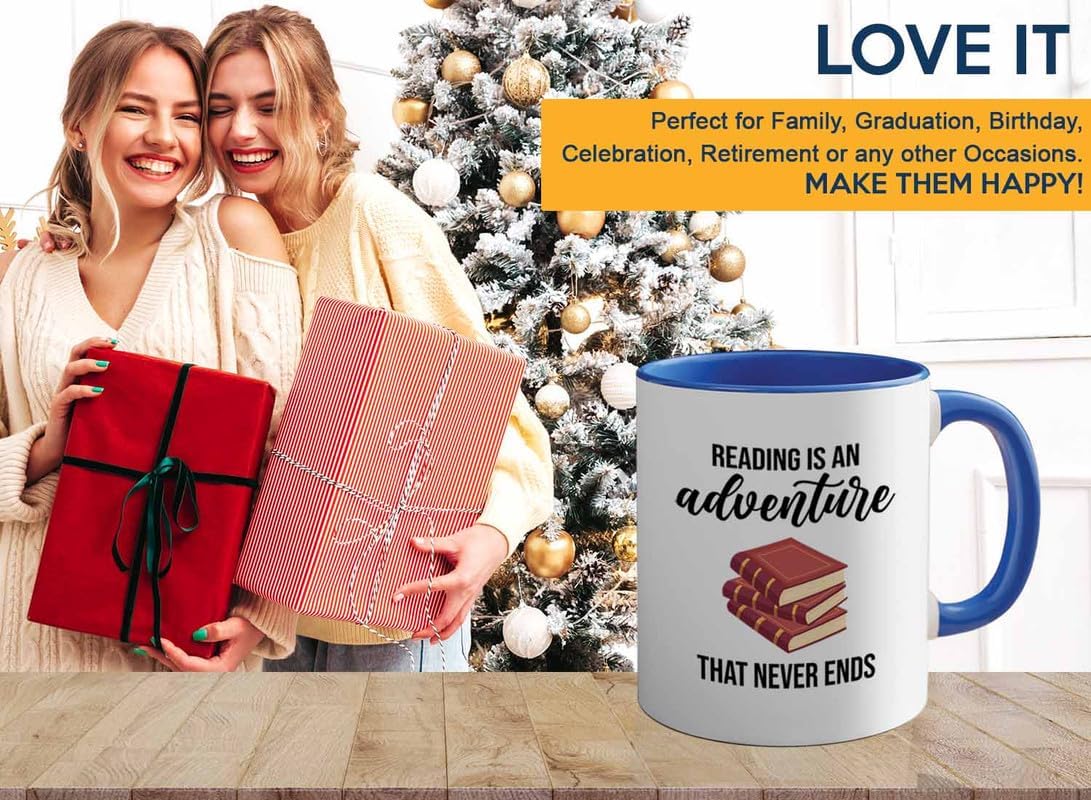 Bookish 2Tone Mug 11oz Blue -Reading is an adventure - Novel enthusiast Book Club Librarian Book Lover Writer Reader Bibliophile