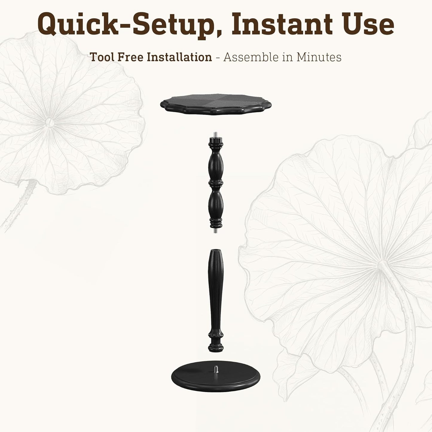STO'SENSE Black Round Side Table, Drink Table for Small Spaces,Modern Accent Nightstand w/Solid Wood Leg, Mid-Century Pedestal Sofa Table w/Classic Sculpted Design for Living Room,Tool-Free Assembly