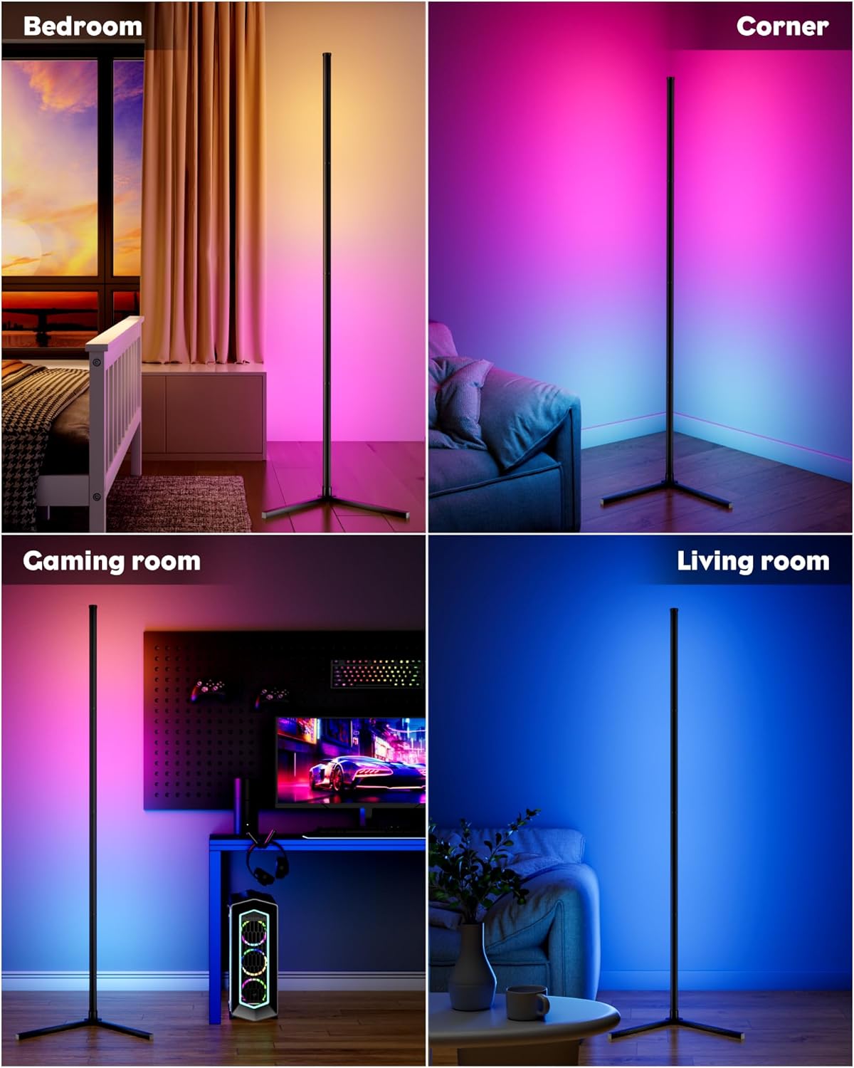 LED Corner Floor Lamp 2 Pack, 65" Tall Smart RGB Floor Lamp with APP and Remote Control, Ambient Lighting Color Changing Standing Lamps with Music Sync and Timing for Living Room, Bedroom, Gaming Room