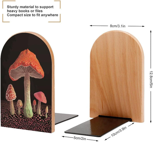 Mushroom Bookends 1 Pair Heavy Duty Book Ends for Shelves Non-Skid Bookend Supports Wooden Book Holders with Metal Base Desk Organizers Books Storage to Hold Books