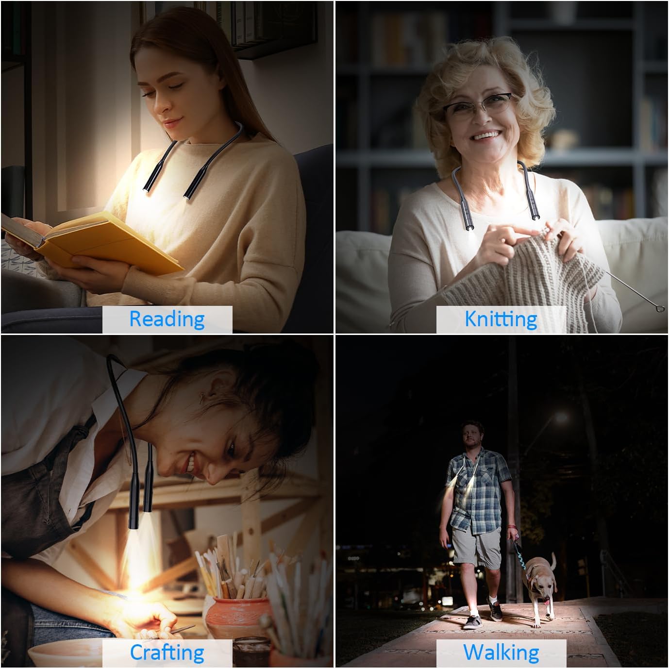 fansitc 2 Pcs LED Neck Reading Lights, Book Light for Reading in Bed, 3 Colors, 3 Brightness Levels, 380° Rotating Neck Light Rechargeable, 80 Hrs Runtime for Reading, Knitting, Crafting, Repairing