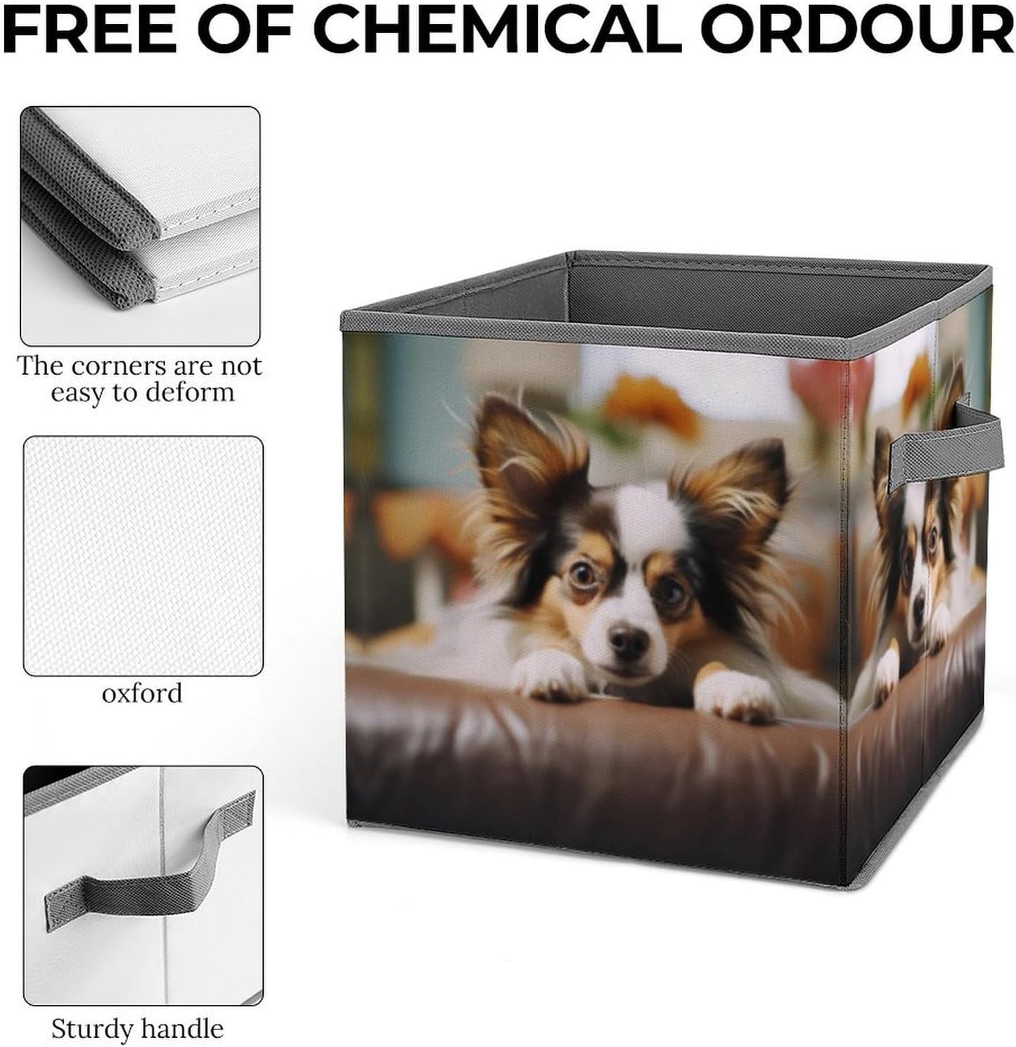 Papillon Lying on Tummy Storage Bins with Handles Fashion Large Storage Cubes Sturdy Foldable Storage Boxes Space-Saving Storage Baskets for Home Office Clothes Closet Organizers