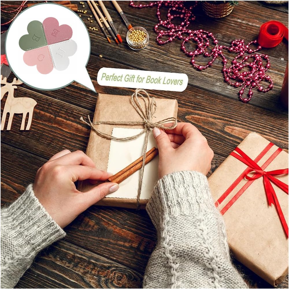 4Pcs Personalized Leather Heart Bookmark26 Letters Customized Corner Book Mark for Reading, Book Holder Markers with Initials Page Accessories Cute Gifts (Light Pink+Deep Pink+Green+Light Brown, A)