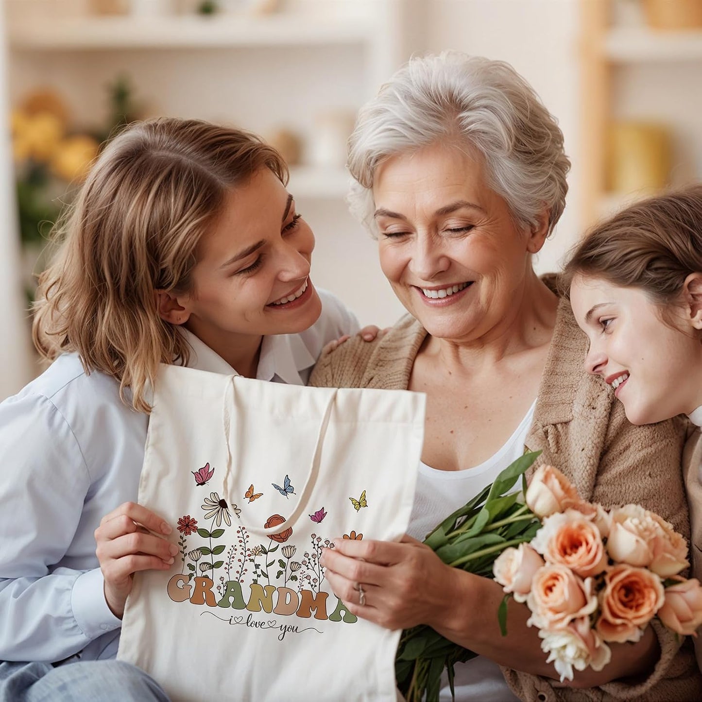 Aperturee Grandma Birthday Gifts Blanket and Tote Bag Set, 50x60 Inches Floral Happy Birthday Granny Throw, Soft Cozy Butterflies I Love You Blanket for Women, for Grandma