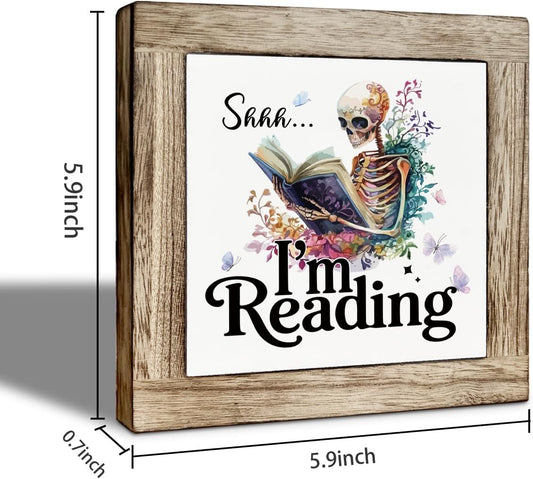 Library Quiet Wooden Sign, Shhh I'm Reading Sign, Nook Shelf Quiet Signs, Library Tabletop Decor, Classroom Book Desk Decoration, Rustic Wooden Tabletop Decor 5.9X5.9 Inches