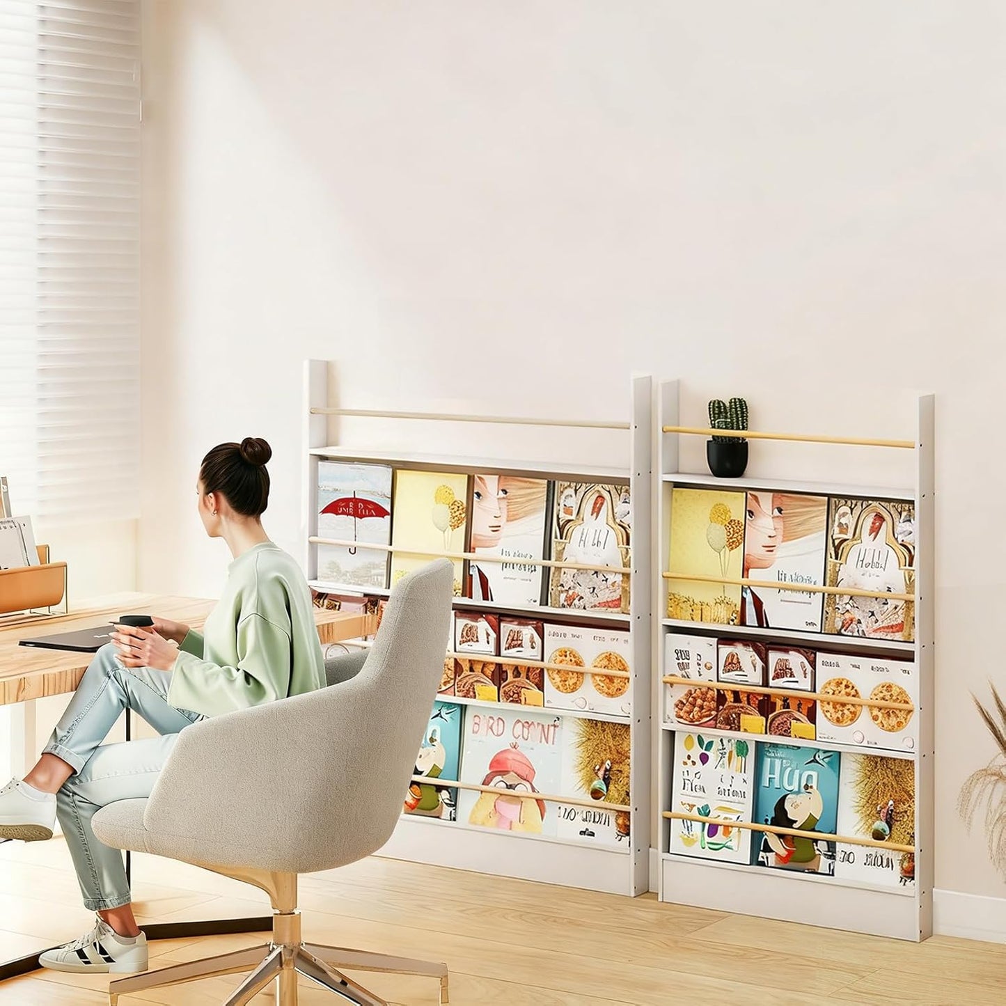 Wall Bookshelf for Kids, Behind The Door Bookshelf White Slim 4 Tier Shelf Hanging Wall Mounted Book Shelf, Kids Bookcase Storage Organizer for Office, Bedroom, Study Living Room
