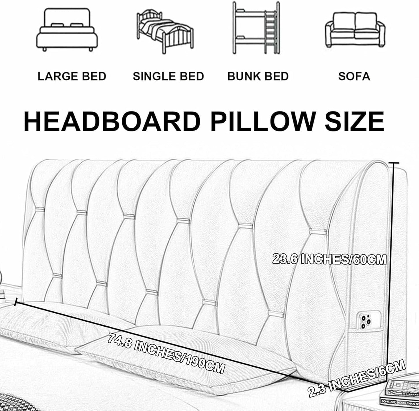 Orange,Paste/75x23x2In,Faux Leather Headboard Pillow Bedside Cushion Large Bed Backrest,Lumbar Support Upholstered Reading Pillow Removable Daybed Bunk Bed Bolster