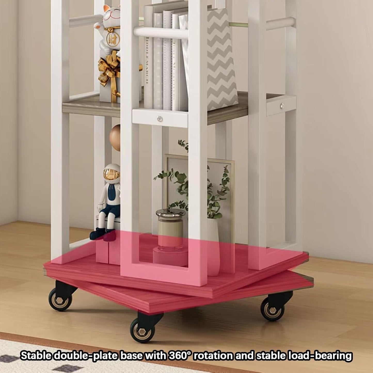 360° Rotating Bookshelf, 4 Tiers Unit Storage Display Rack with Universal Wheels, Floor Standing CD Rack, for Bedroom Living Room Home, Easy Assemble(White+Gray)