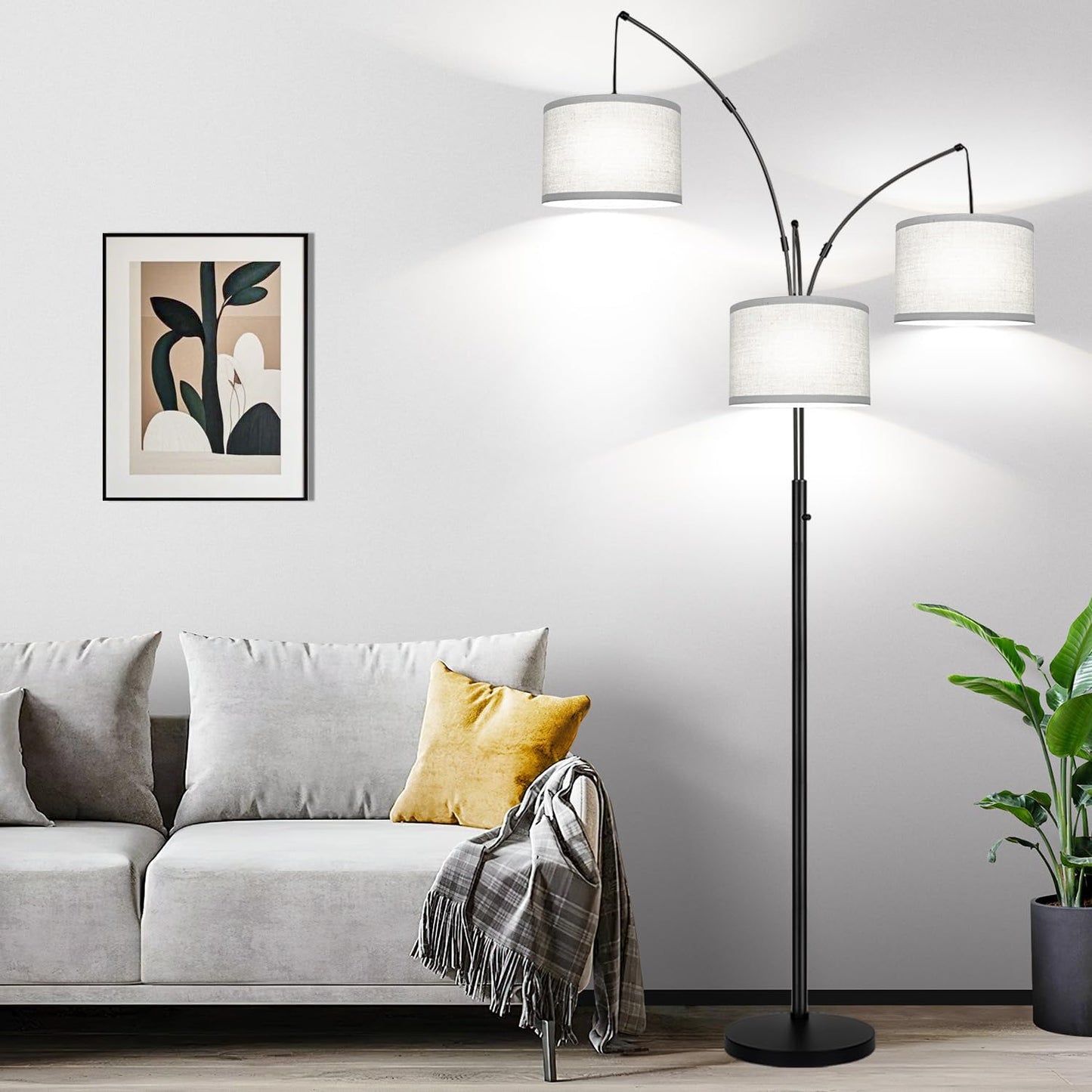 Dimmable Floor Lamp, 3 Lights Arc Floor Lamps for Living Room, Modern Tall Standing Tree Lamp with Gray Linen Shade & Heavy Base, Large Floor Lamp for Bedroom Office, 3x1000 LM LED Bulbs Included