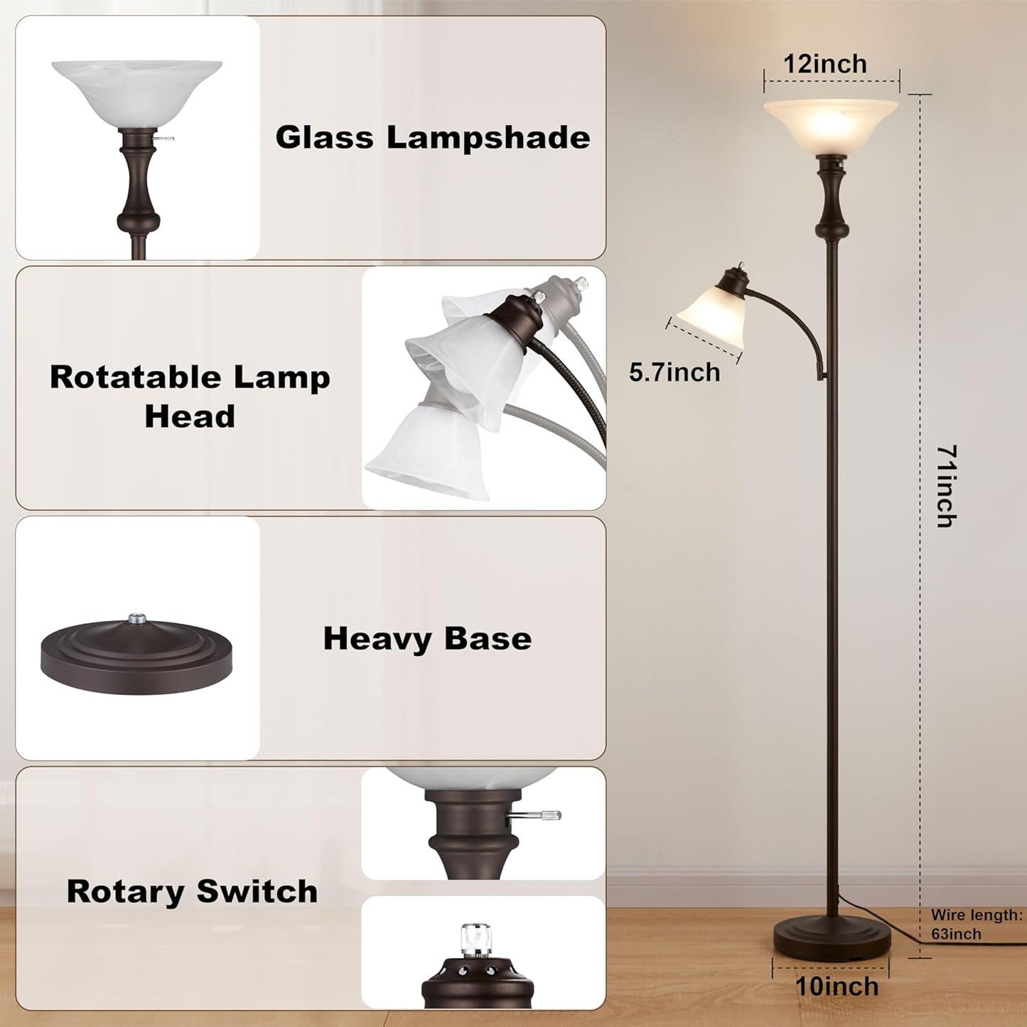 71'' Floor Lamps for Living Room, Tall Floor Lamp for Bedroom with Adjustable Angle Arc Reading lamp, Modern Torchiere Standing lamp with Glass Shade, Knob Switch, Bulb Included, Red Brown