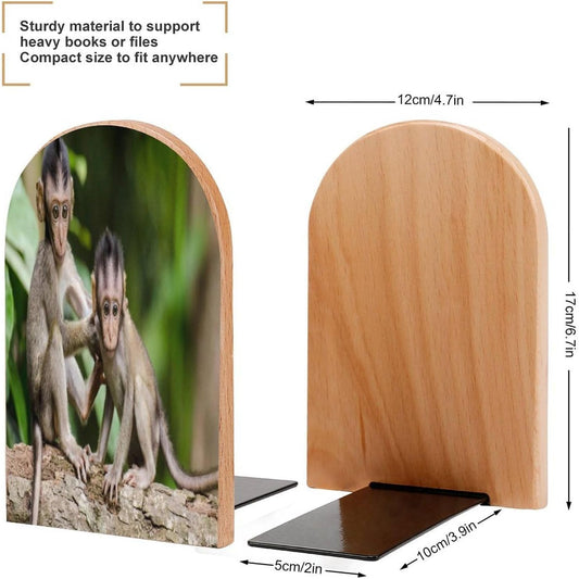 Cute Little Monkeys Wooden Bookend Non-Slip Book Ends Heavy Duty Book Stopper with Metal Base Books Holderd Decorative Bookends Stands Firmly for Office Supplies