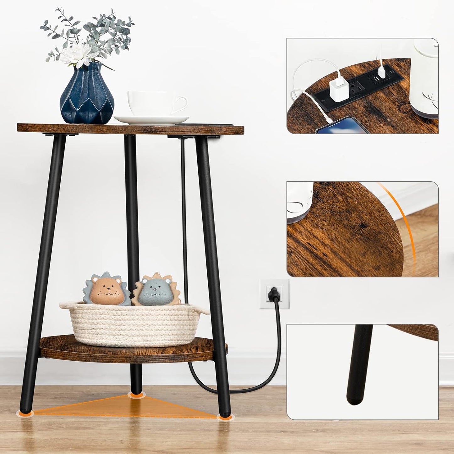HOOBRO Round End Table with Charging Station, 2-Tier Small Circle Side Table, Round Accent Table for Living Room, Bedroom, Rustic Brown BF671BZ01