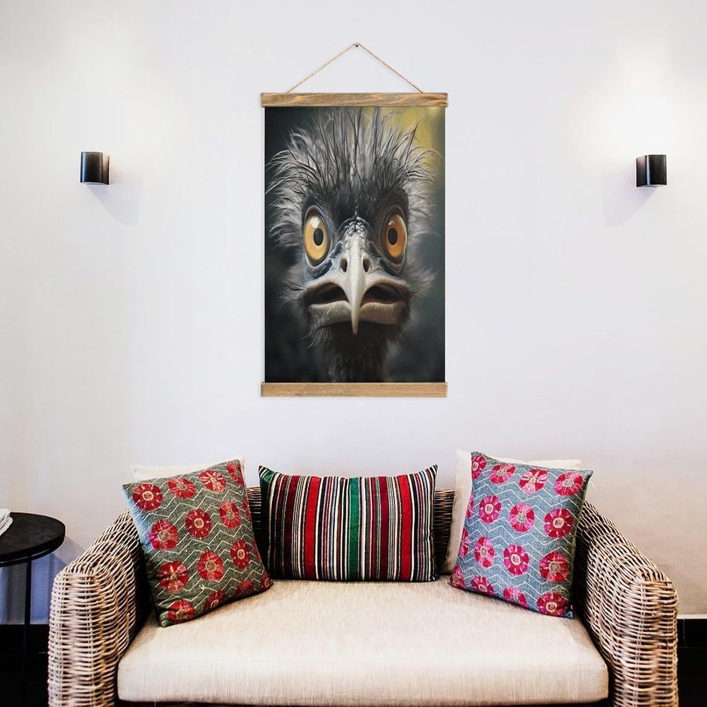 Vintage Emu Poster with Wooden Frame Personalized Linen Hanging Scroll Painting Rustic Wall Hanging Illustrative Modern Artwork Decor for Home Living Room Bedroom Office