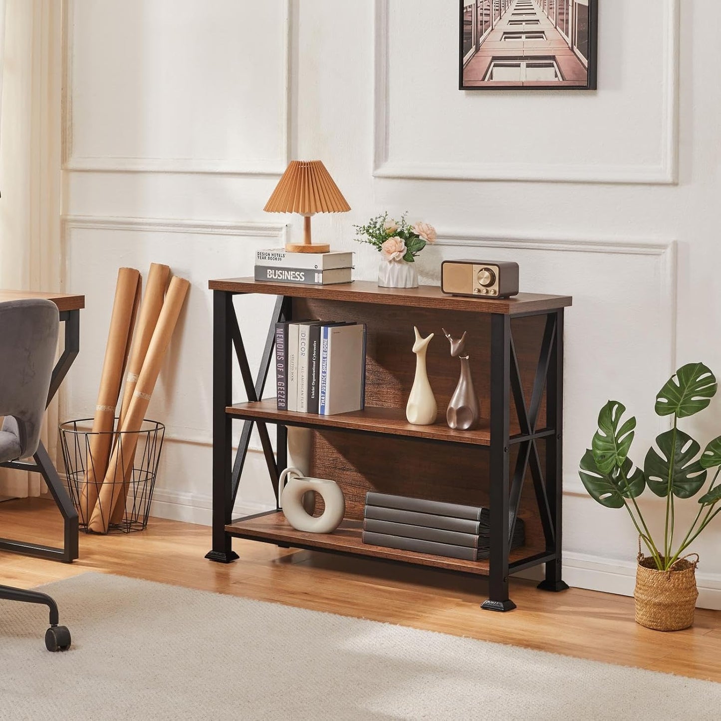 HOMBAZAAR Bookshelf,Small Industrial Bookshelf with Engineered Wood Shelves,3 Tier Shelf Bookcase with Metal Frame,Short Book Shelf for Living Room,Small Space and Office,Rustic Brown